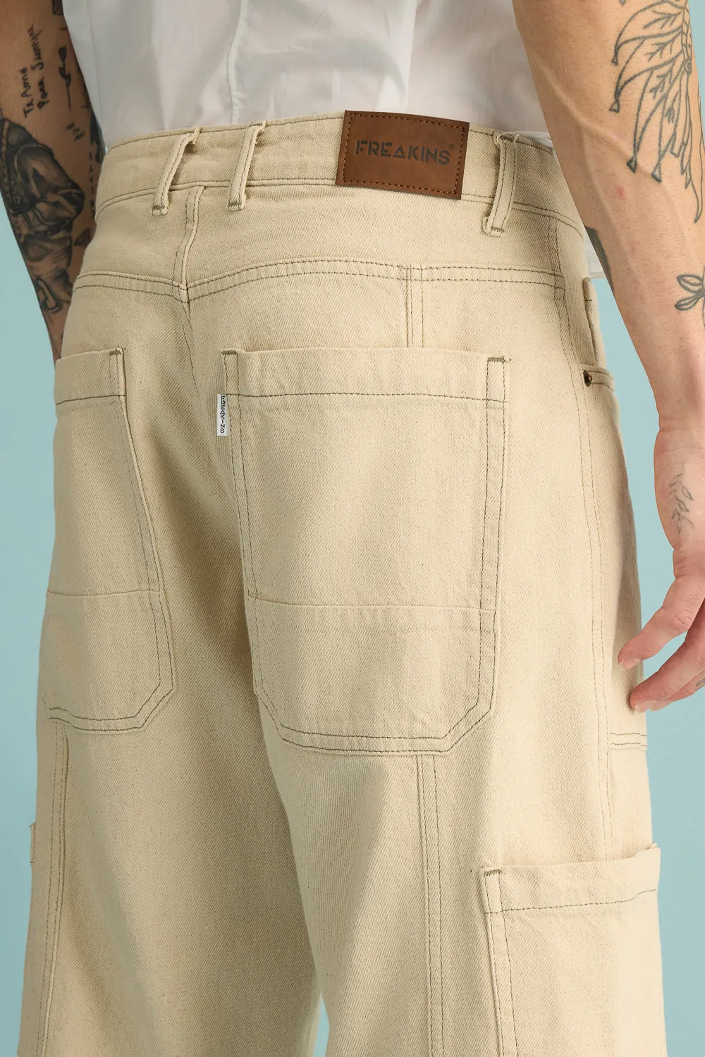 Latte Contrast Cargo Mens Wide Jeans