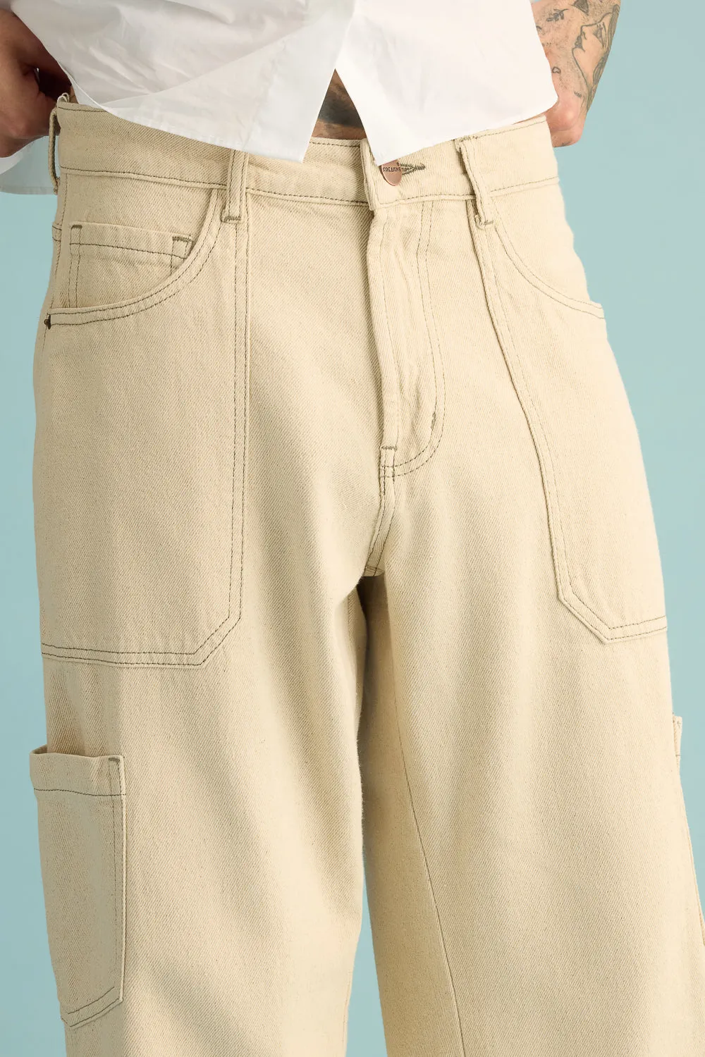 Latte Contrast Cargo Mens Wide Jeans