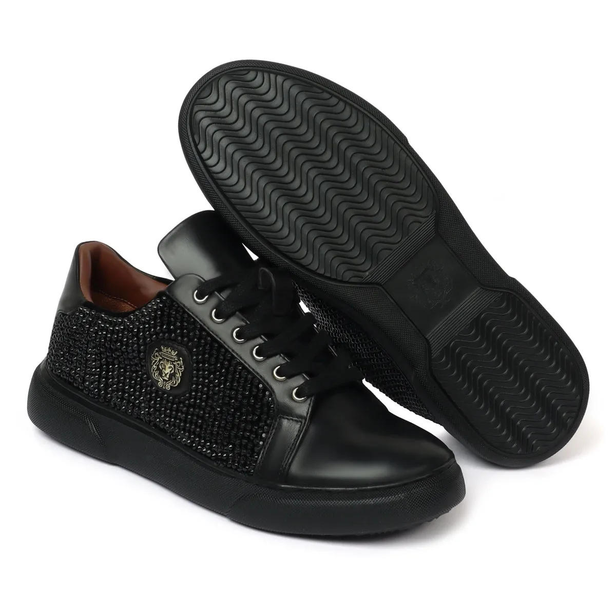 Men's Black Rhinestones black Leather Low Top Sneakers by Brune & Bareskin