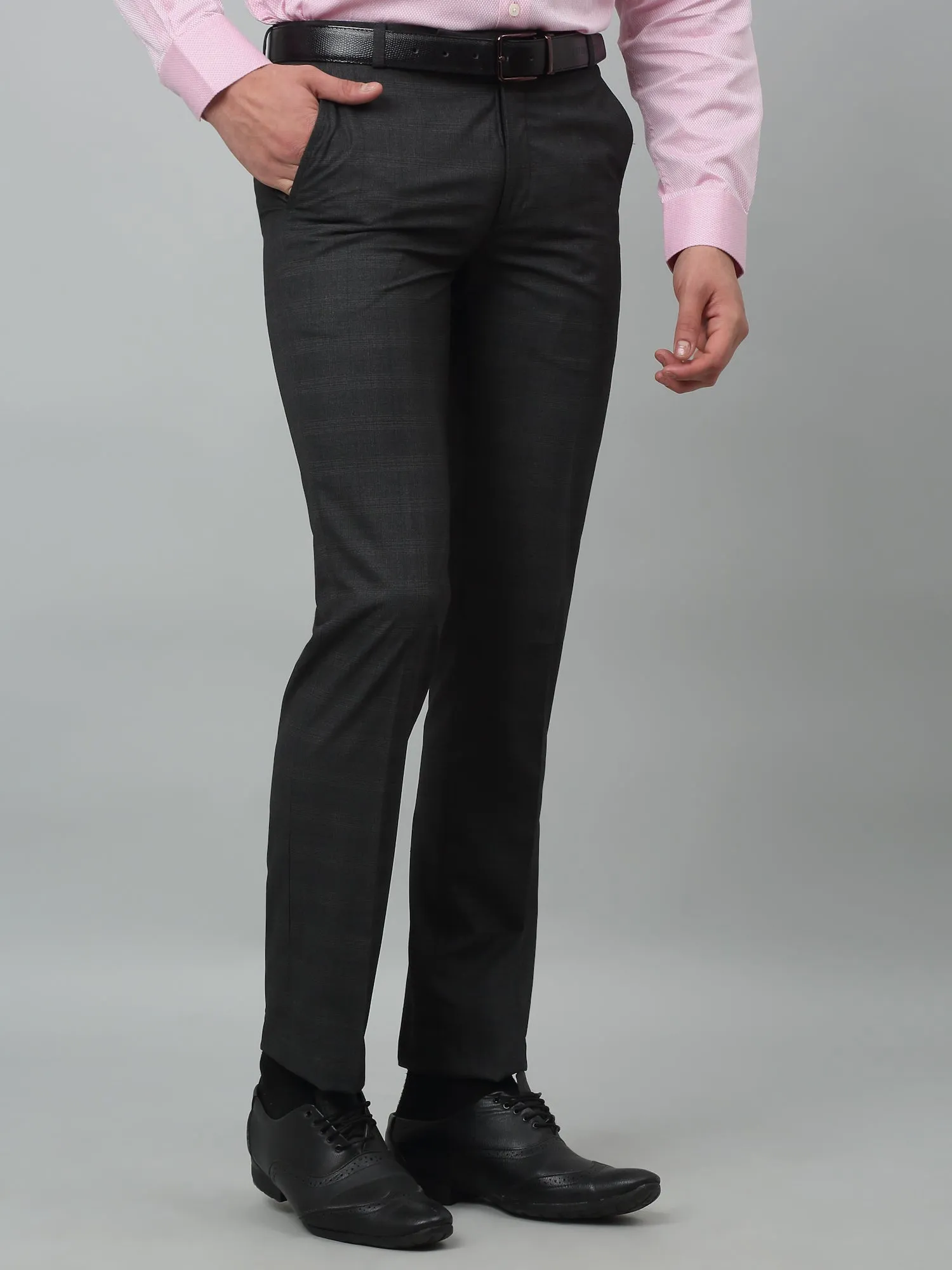 Men's Formal Flat front Charcoal Checks Trousers