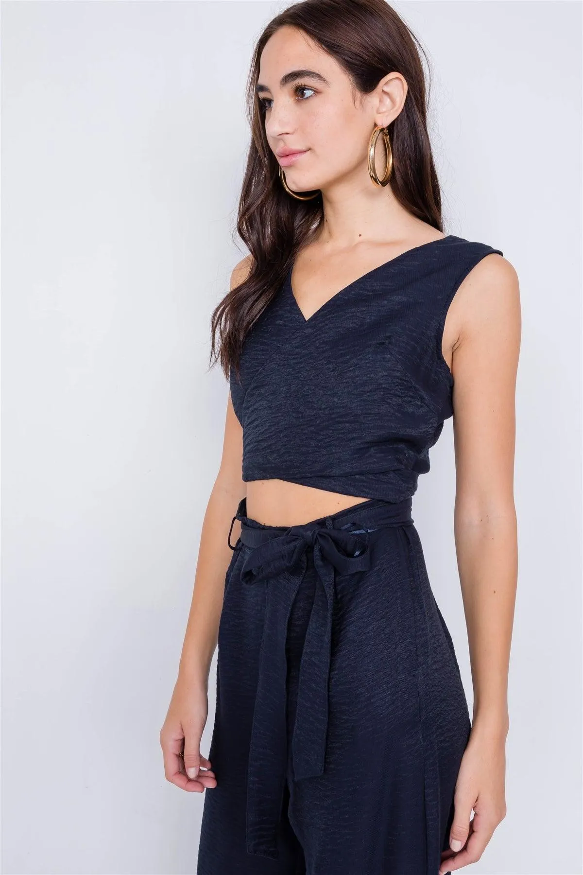 Navy Satin Wide Leg Maxi Wrap Cut-Out Jumpsuit