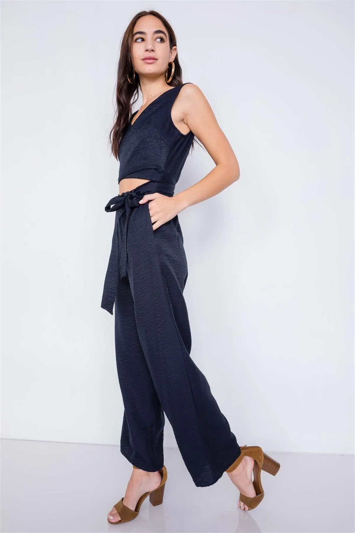 Navy Satin Wide Leg Maxi Wrap Cut-Out Jumpsuit