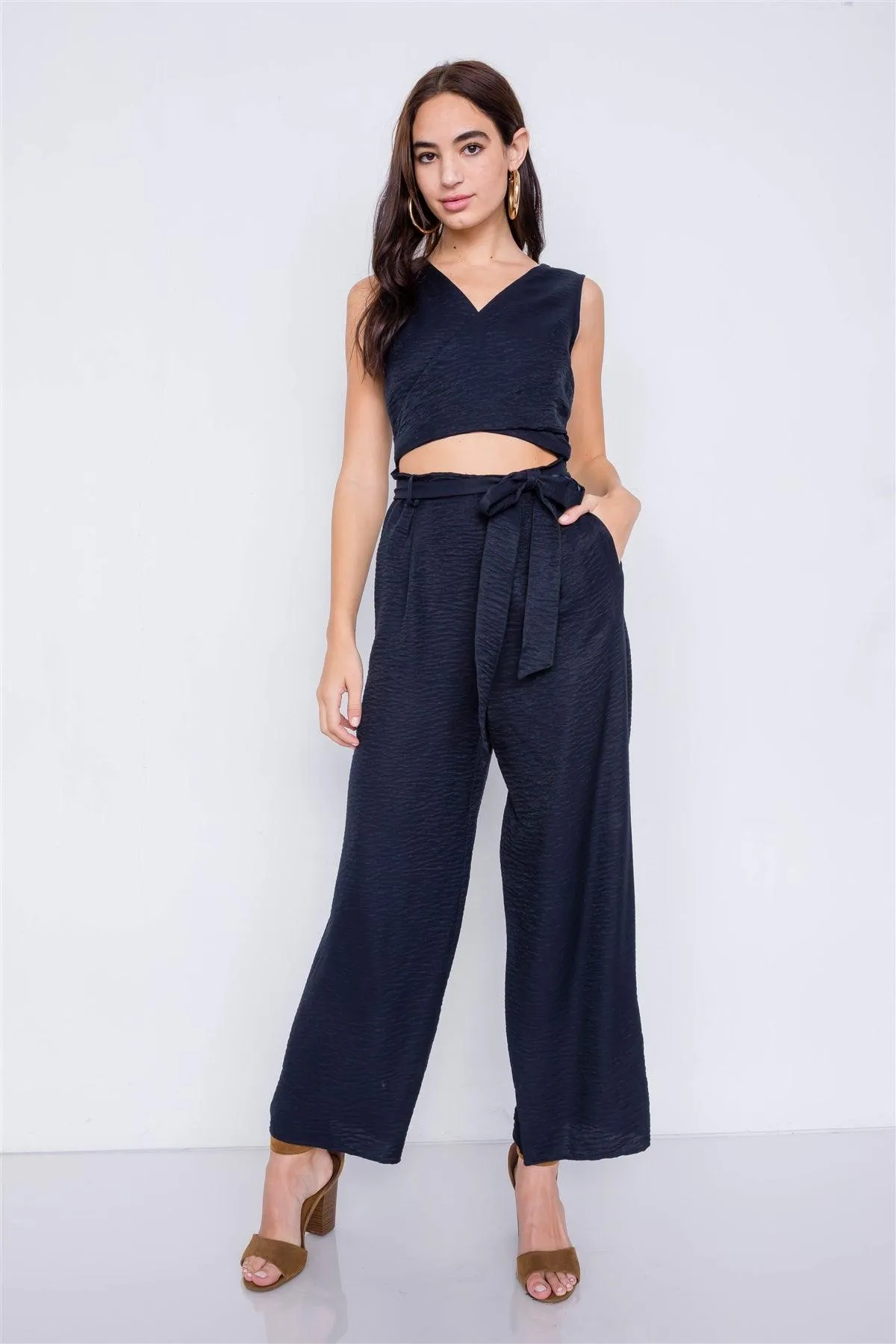 Navy Satin Wide Leg Maxi Wrap Cut-Out Jumpsuit