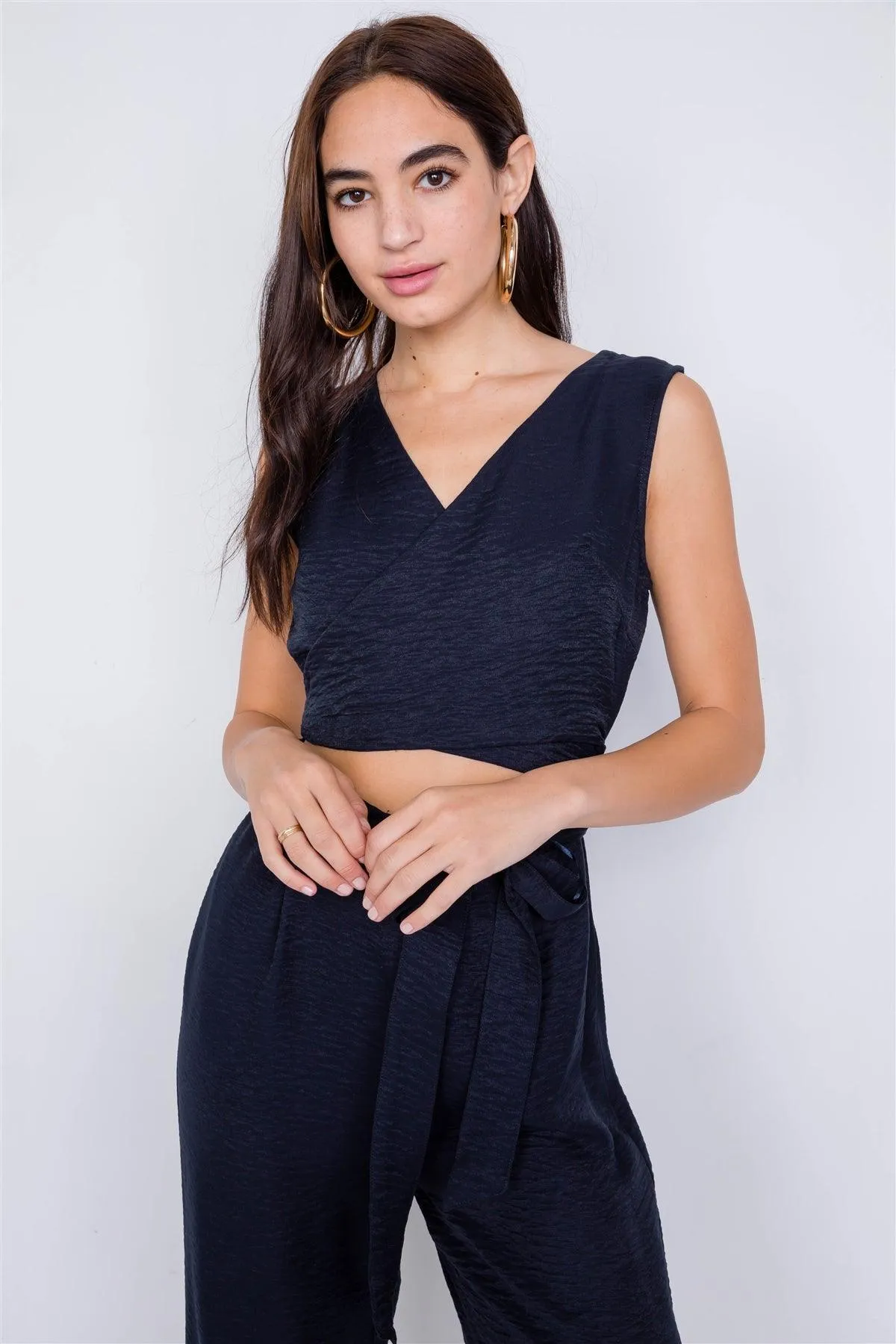 Navy Satin Wide Leg Maxi Wrap Cut-Out Jumpsuit