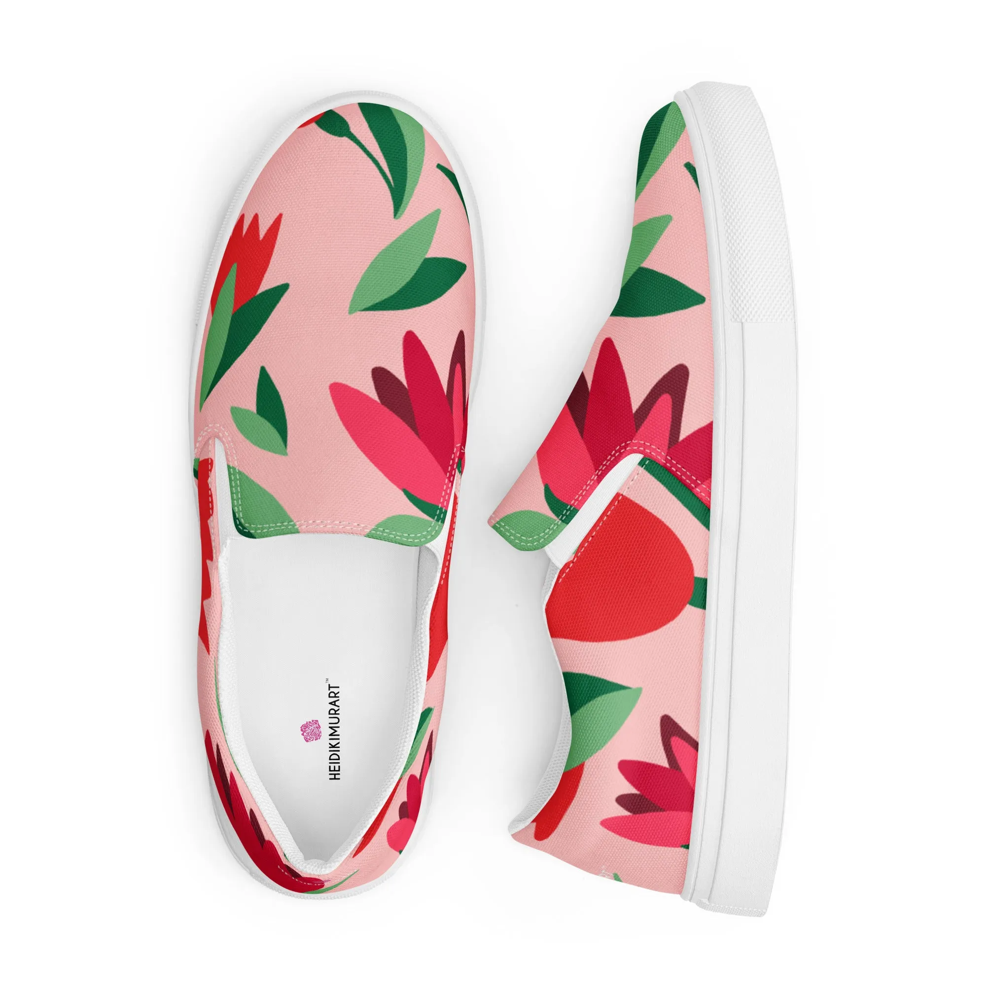 Pink Floral Women's Slip Ons, Red Floral Flower Print Women’s Slip-On Canvas Shoes (US Size: 5-12)