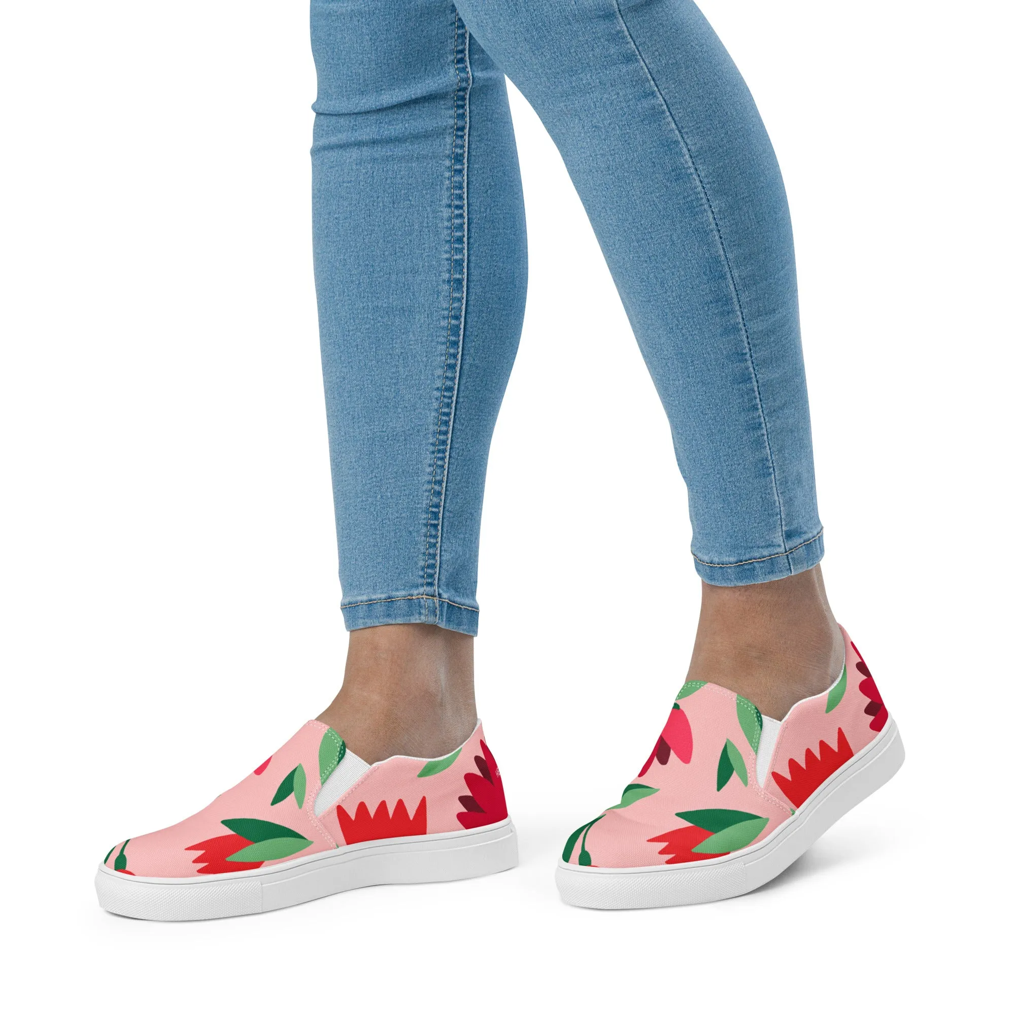 Pink Floral Women's Slip Ons, Red Floral Flower Print Women’s Slip-On Canvas Shoes (US Size: 5-12)