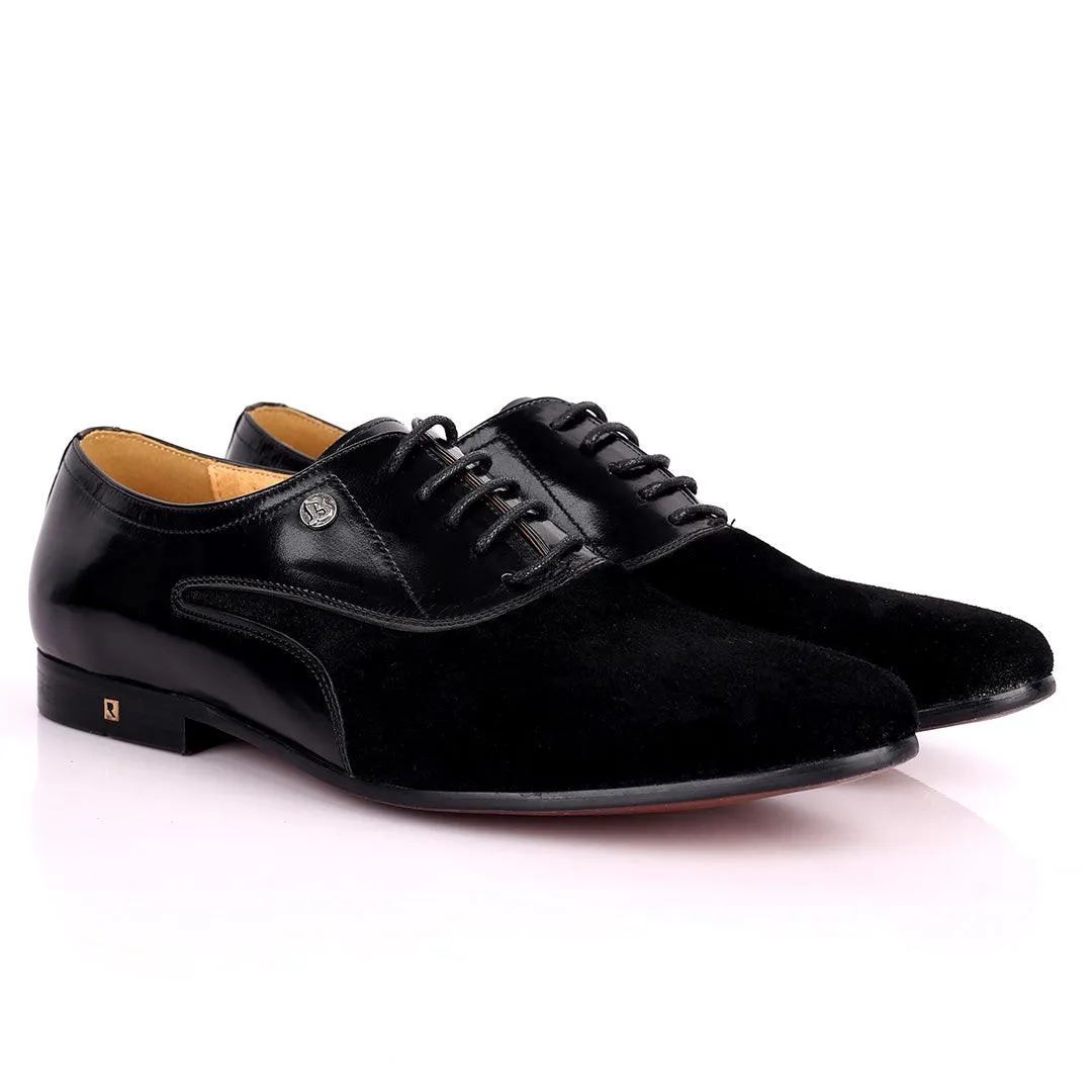 Ross Exquisite Half Suede Designed Lace up Leather Shoe - Black