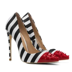 Sharp Studded Pointed Top Striped Print High Heel Pumps - Black