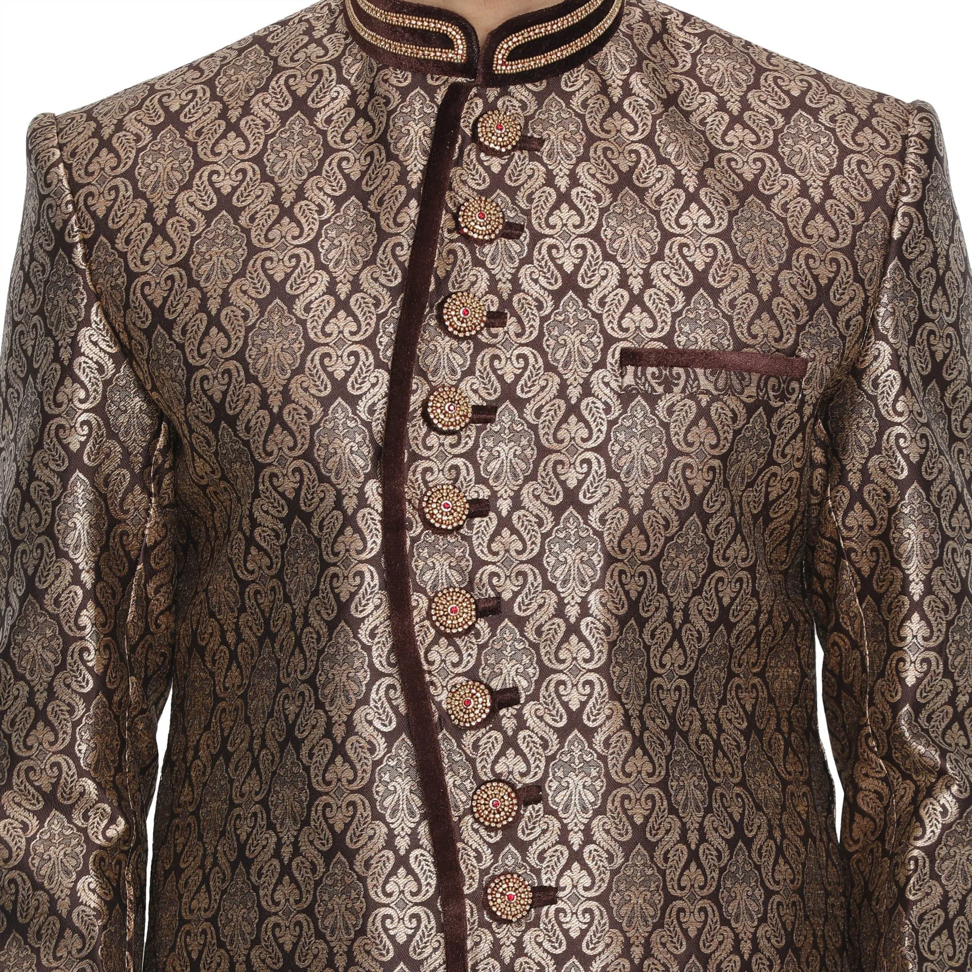 VASTRAMAY Men's Brown Silk Blend Sherwani Top