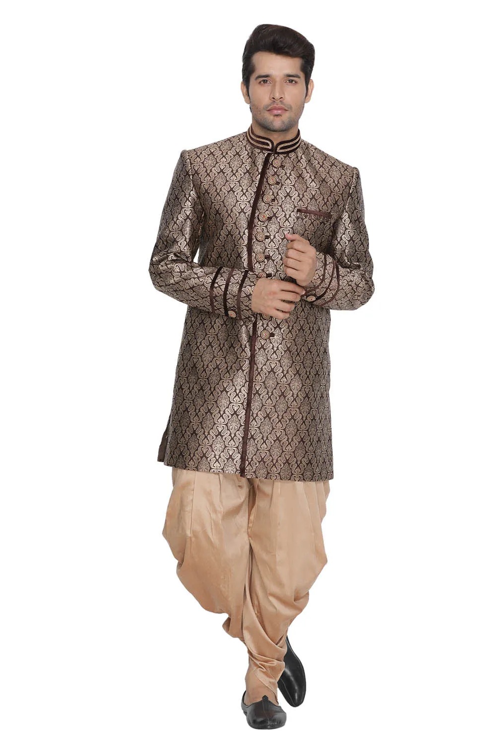 VASTRAMAY Men's Brown Silk Blend Sherwani Top