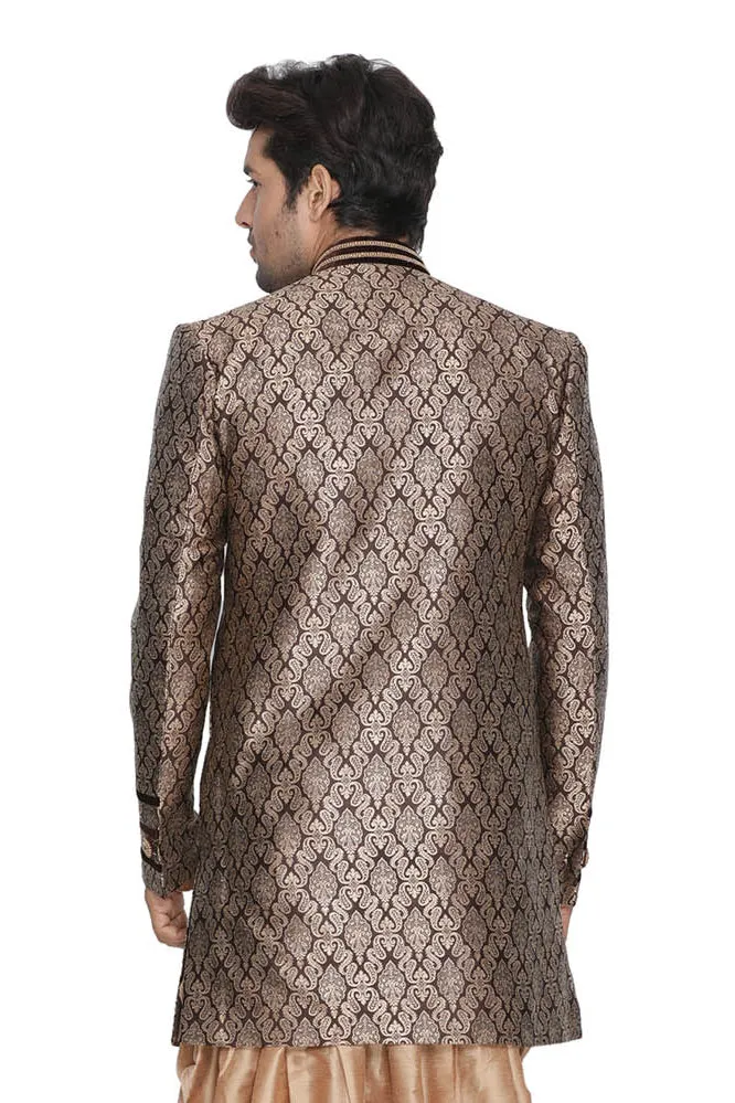 VASTRAMAY Men's Brown Silk Blend Sherwani Top