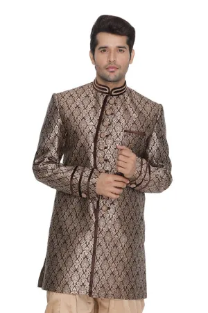 VASTRAMAY Men's Brown Silk Blend Sherwani Top