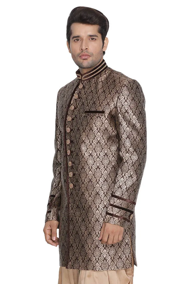 VASTRAMAY Men's Brown Silk Blend Sherwani Top