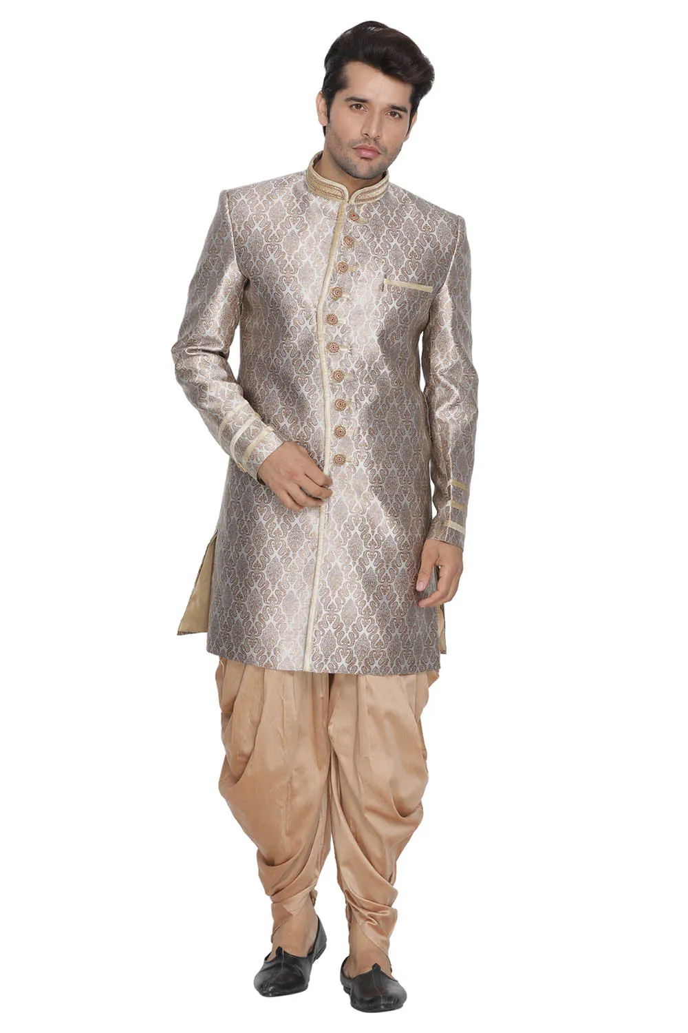 VASTRAMAY Men's Gold Silk Blend Sherwani -Only Top