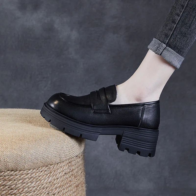 Women Minimalist Comfort Leather Platform Black Loafers