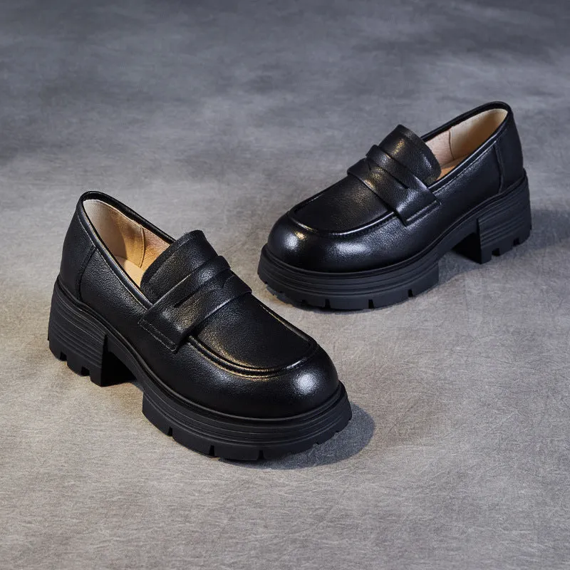 Women Minimalist Comfort Leather Platform Black Loafers