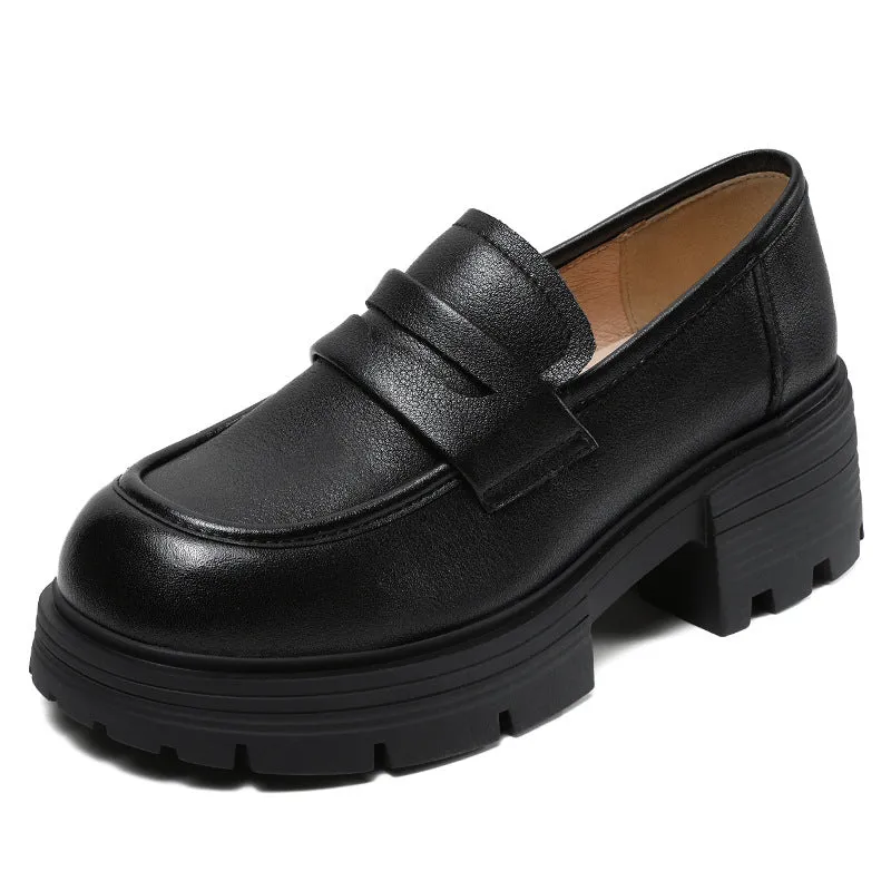 Women Minimalist Comfort Leather Platform Black Loafers