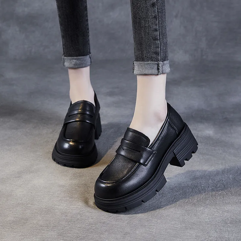 Women Minimalist Comfort Leather Platform Black Loafers