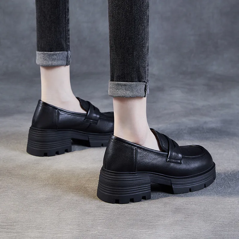 Women Minimalist Comfort Leather Platform Black Loafers